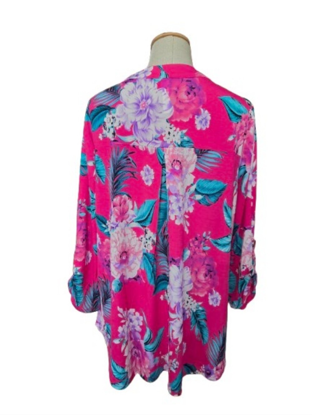 Floral Print Lightweight 3/4 Length Sleeve Blouse Pink With Teal - Picture 3 of 4